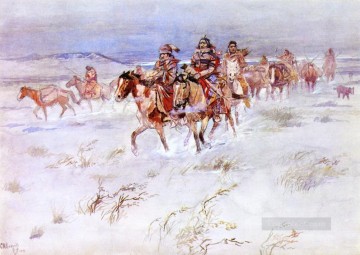 1896年に貿易のためにやって来たクリー族 チャールズ・マリオン・ラッセル アメリカン・インディアン Oil Paintings